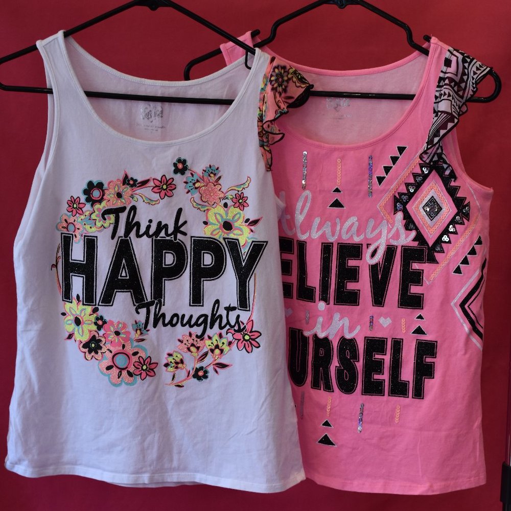 Two Justice girls tank tops size 20 with print.